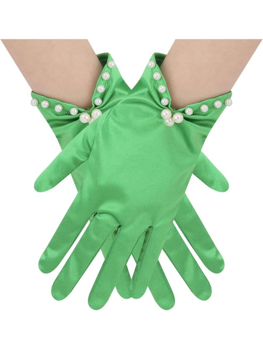 Women's Green Short Satin Gloves with Pearl Tea Party Opera Banquet Gloves